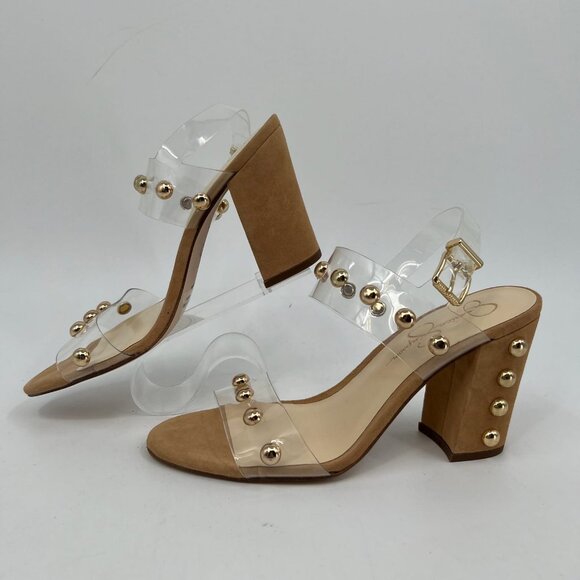 Jessica Simpson Tan and Clear Studded Block Heels | Size 10 - Picture 2 of 9